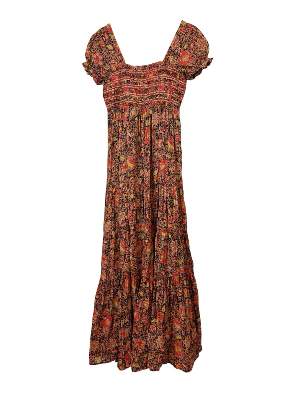 Free People Getaway Tiered Floral Maxi Dress Boho Smocked Short Sleeve Size M?.